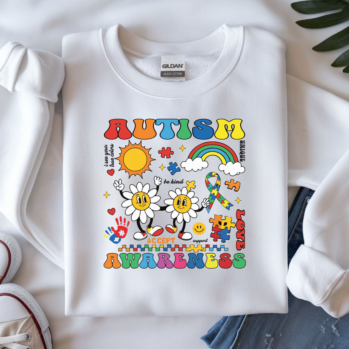 autism awareness dancing flowers rainbow dtf transfer retro colorful accept love design shirt