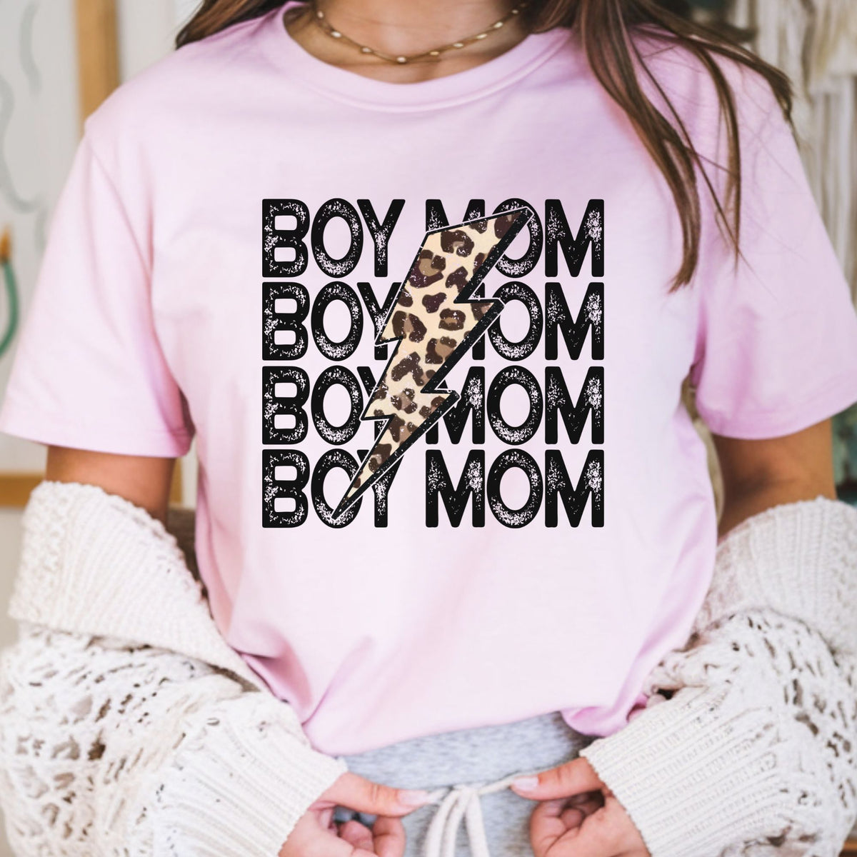 Boy mom stacked text DTF transfer with leopard lightning bolt and distressed sporty lettering