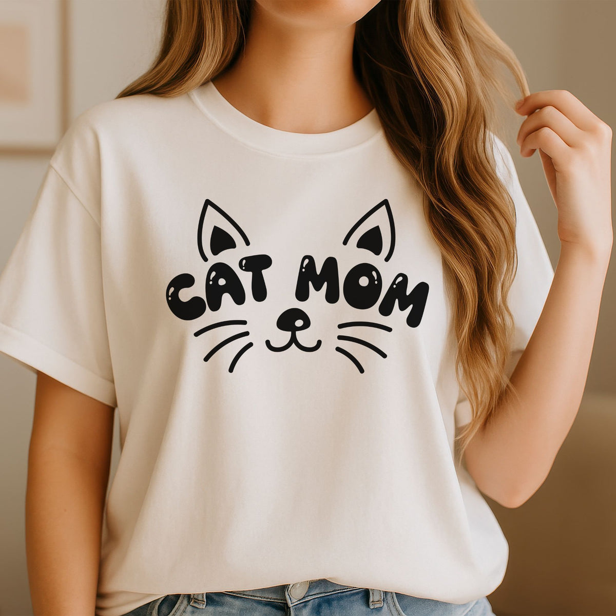 Cute cat mom DTF transfer with black cat face graphic, whiskers, and playful minimalist lettering