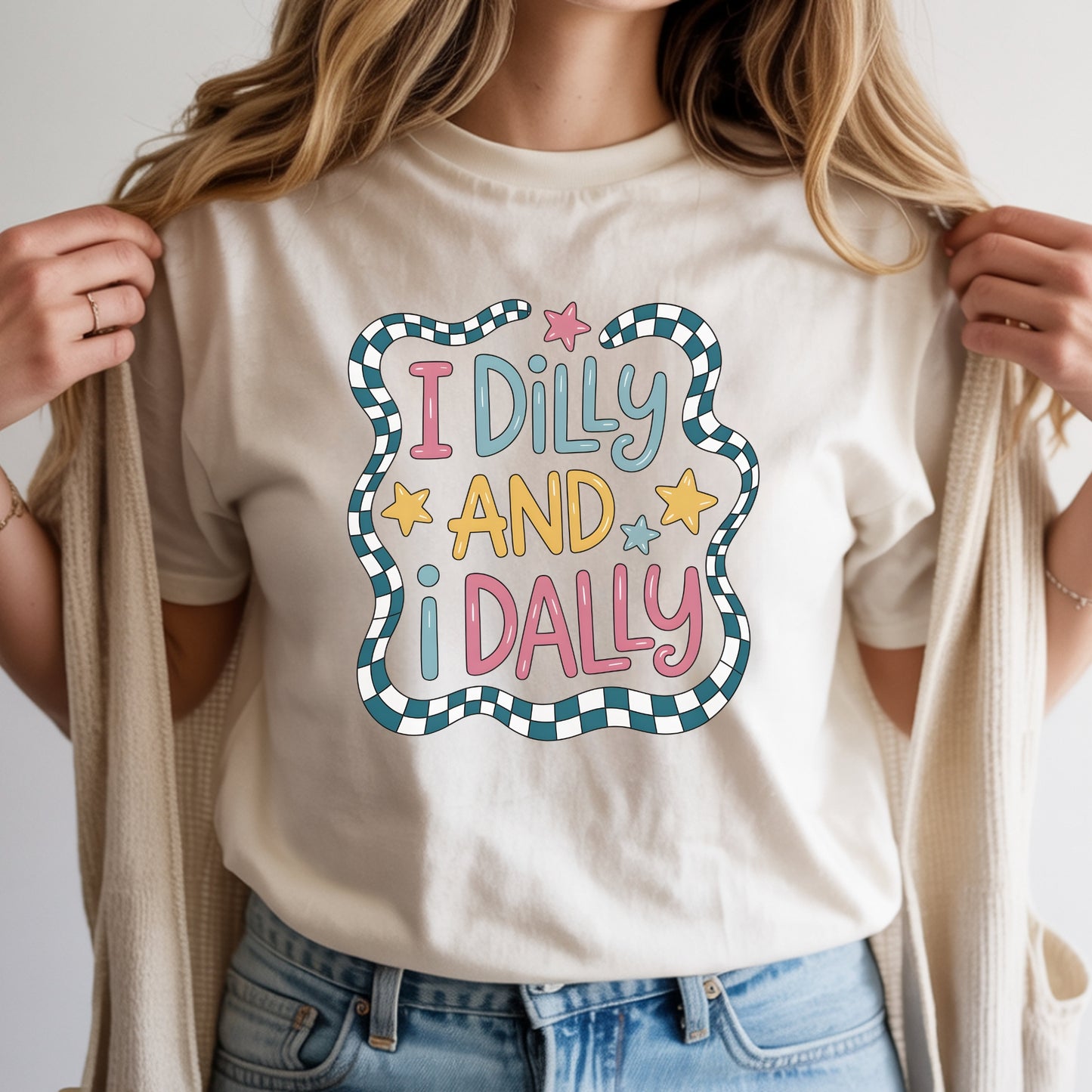 Colorful retro typography graphic featuring the phrase I Dilly And I Dally with pastel lettering, stars, and a teal checkered squiggle border in a playful whimsical style