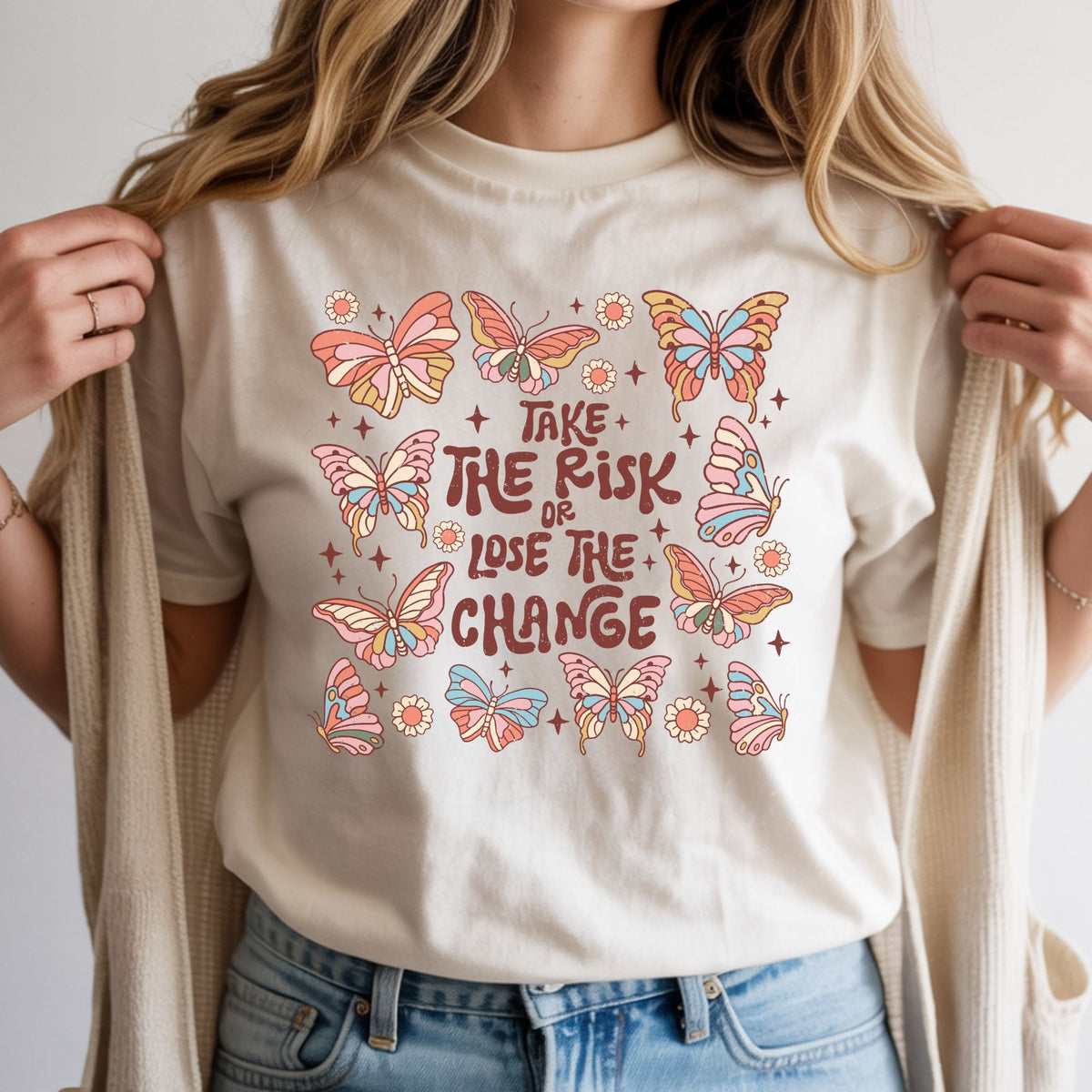 Boho butterfly motivational design featuring colorful vintage butterflies and the quote Take The Risk Or Lose The Chance surrounded by floral accents