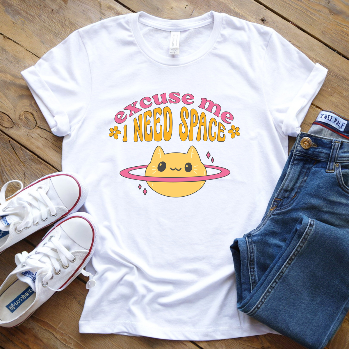 Excuse Me I Need Space ready-to-press DTF transfer applied to t-shirt mockup