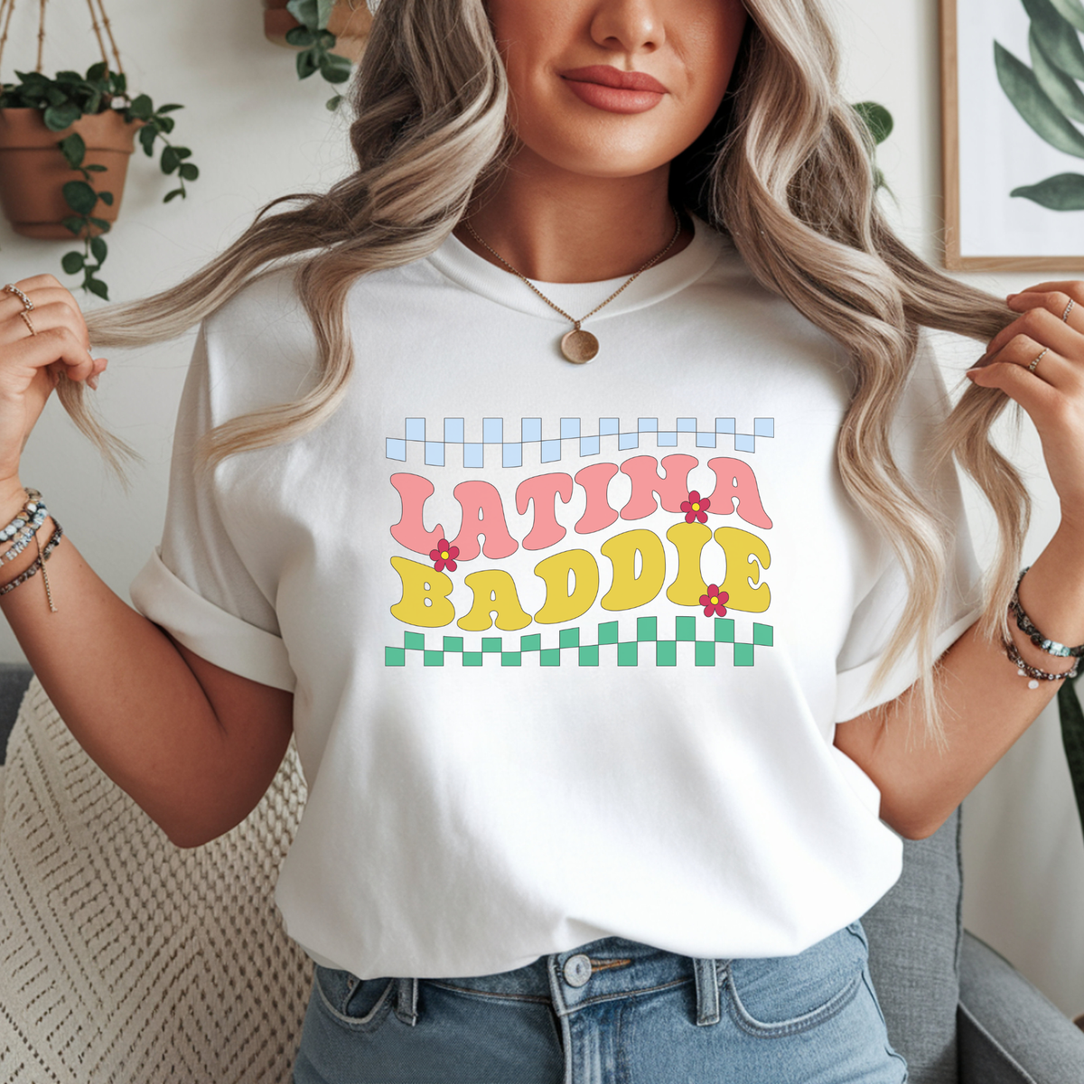 Latina Baddie DTF transfer design pressed on premium graphic t-shirt mockup