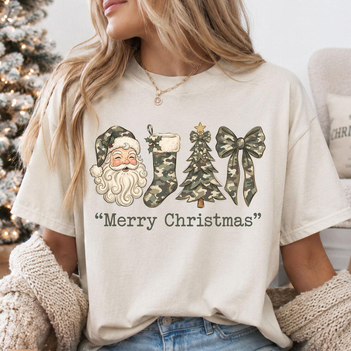 Merry Christmas DTF transfer featuring a Santa face, stocking, Christmas tree and large bow in olive green, brown and cream camouflage.