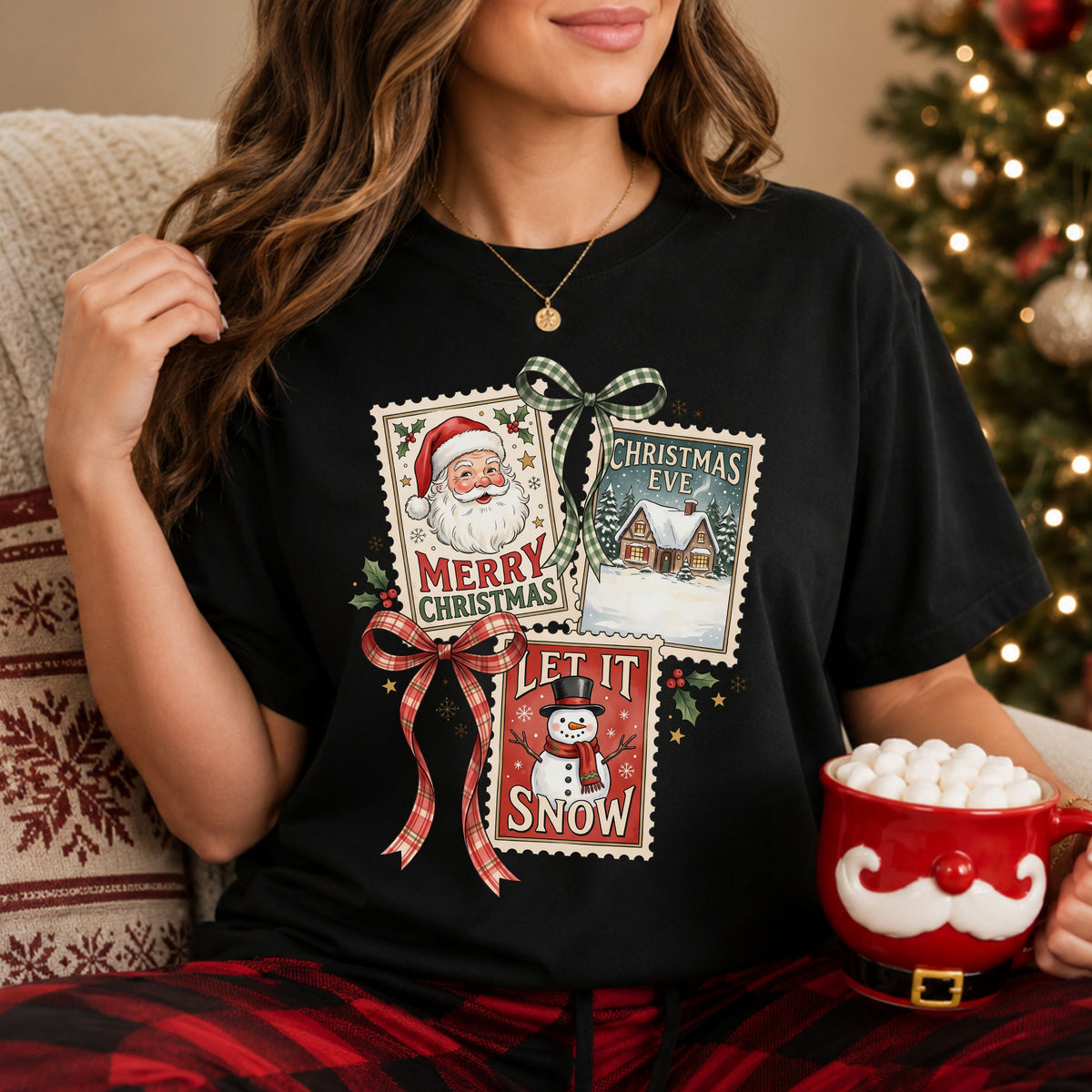 Three vintage postage stamps reading “Merry Christmas,” “Christmas Eve” and “Let It Snow,” with Santa, a snowy cottage, a snowman, plaid bows and holly.