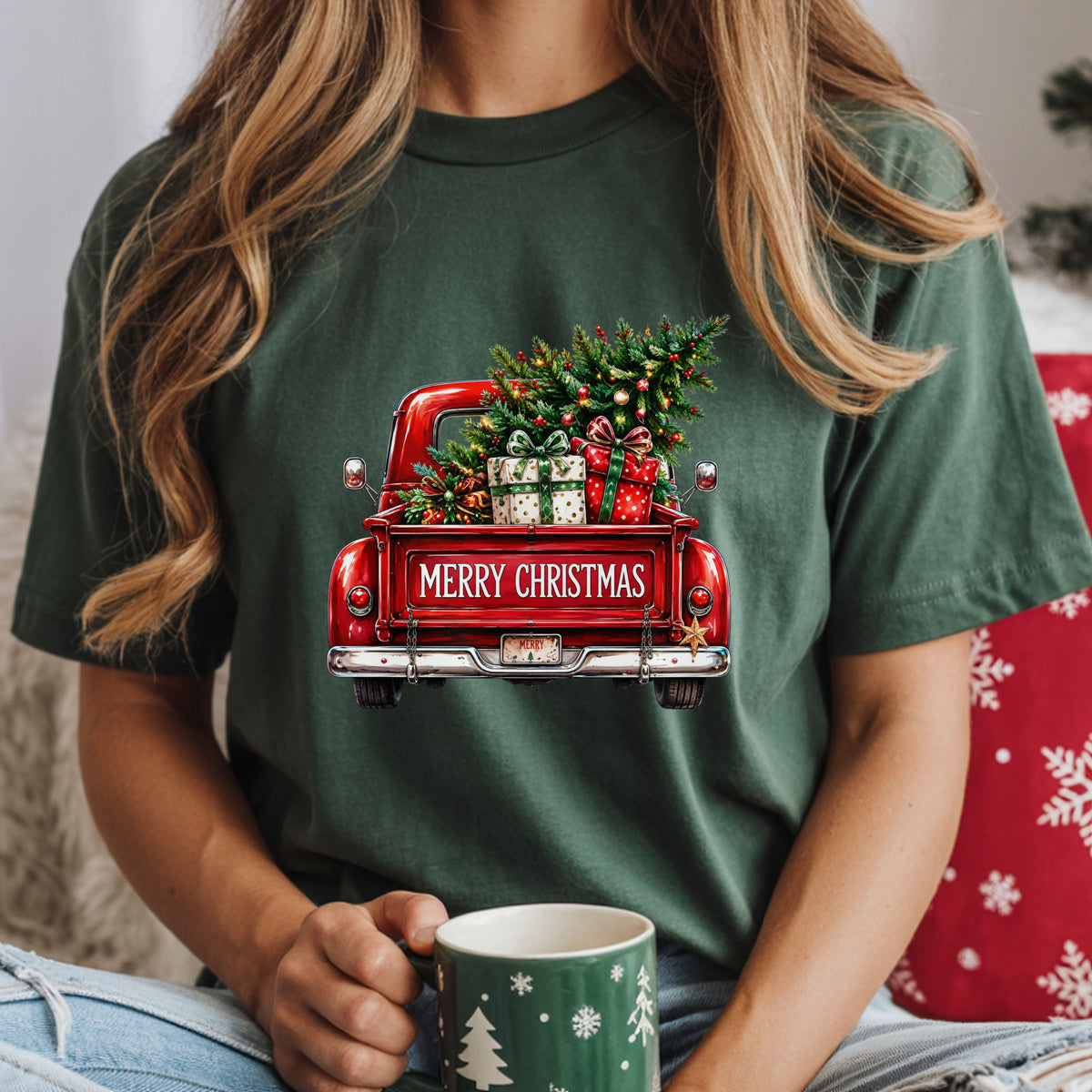 Rear view of a vintage red pickup carrying a decorated Christmas tree and wrapped gifts, with “Merry Christmas” on the tailgate and “Merry” on the license plate.