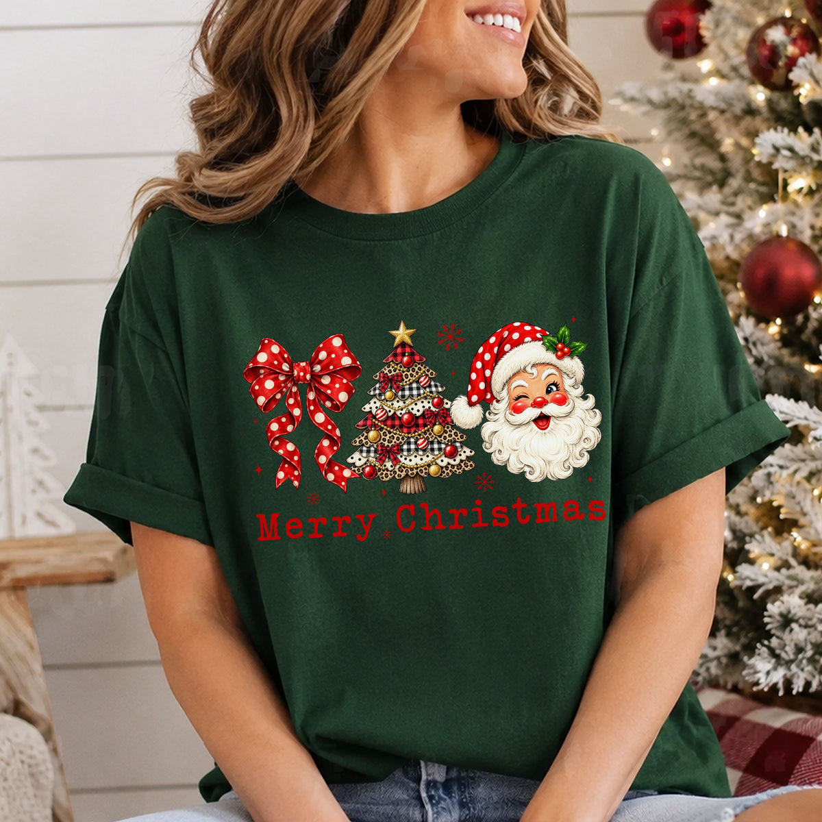 Merry Christmas DTF transfer with a red polka dot bow, a tree featuring leopard print, red plaid and black and white checks, and a winking Santa.
