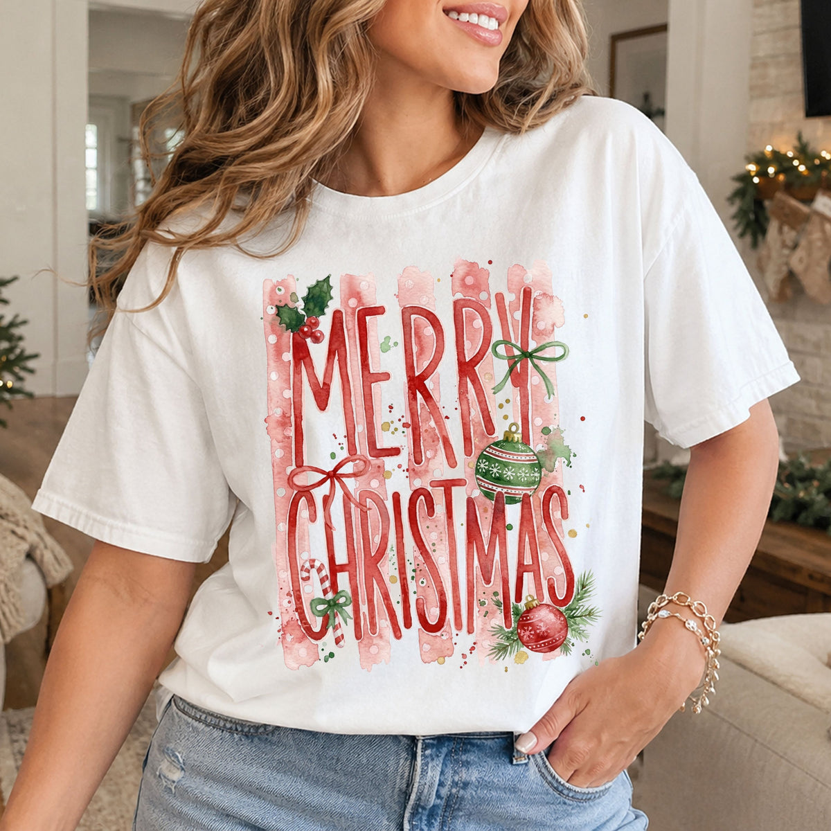 “Merry Christmas” in tall red lettering over red watercolor brushstrokes with white dots, red and green ornaments, ribbon bows, holly and a candy cane.
