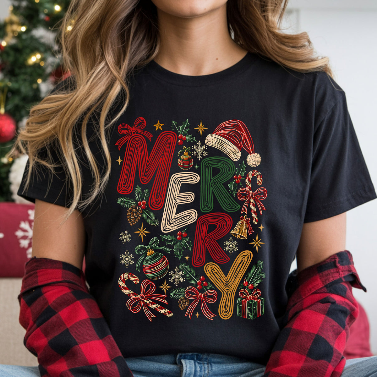 “Merry” in red, cream, green and gold line art lettering, surrounded by bows, candy canes, a Santa hat, ornaments, holly, pinecones, snowflakes and a gift.