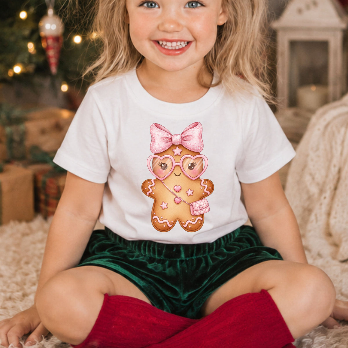 Gingerbread girl wearing a pink faux glitter bow, heart-shaped glasses and a quilted pink purse, decorated with pink icing, hearts and stars.