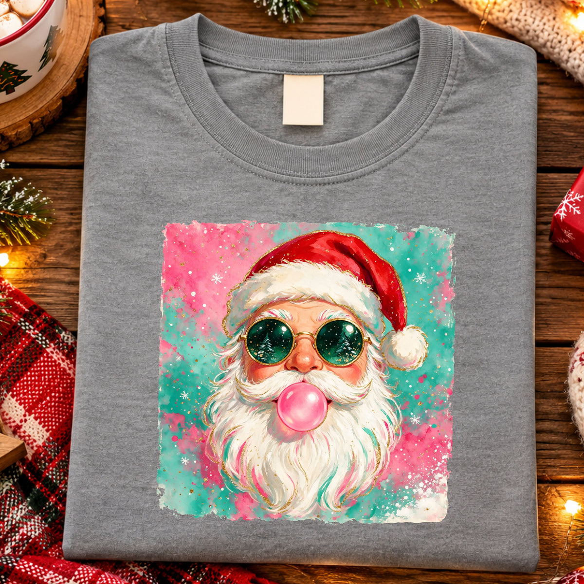 Santa blowing pink bubblegum, wearing a red hat and round green sunglasses reflecting Christmas trees, against pink and teal watercolor with snowflakes and faux gold glitter accents.
