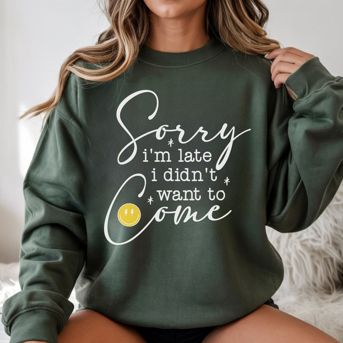 Sorry I’m Late I Didn’t Want to Come white DTF transfer featuring white handwritten and typewriter-style lettering with a yellow lightning bolt smiley face for funny introvert shirts, sarcastic sweatshirts, tote bags, and graphic apparel.