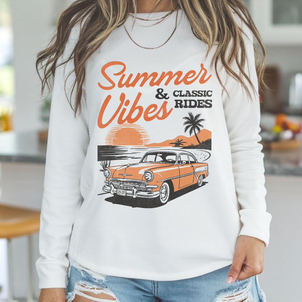Summer Vibes & Classic Rides DTF transfer featuring a vintage classic car, retro sunset, palm trees, and distressed orange and black artwork for summer shirts, car lover apparel, and vintage graphic tees.