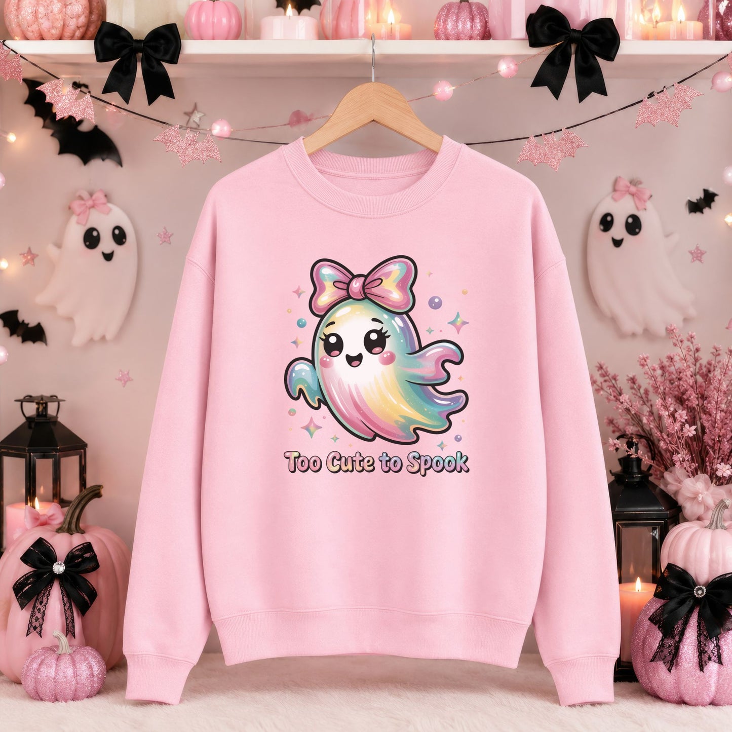 Too Cute to Spook Halloween DTF transfer featuring a smiling kawaii ghost in pastel rainbow colors with rosy cheeks, sparkling accents and a large pink bow on a pink sweatshirt mockup.