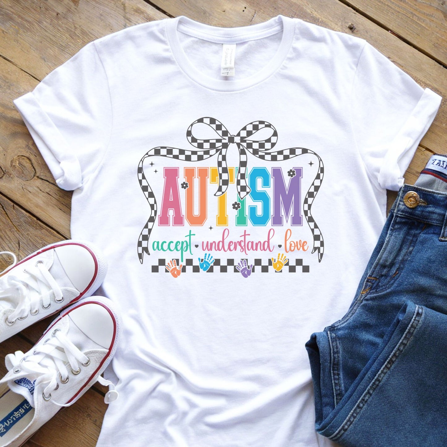 autism accept understand love checkered bow dtf transfer colorful awareness shirt design
