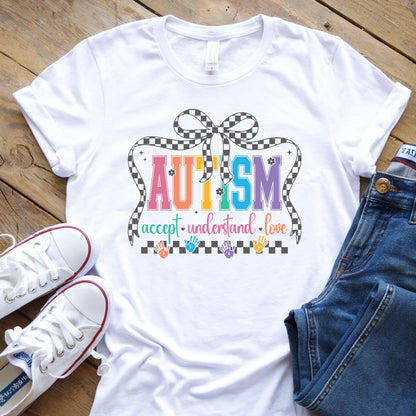 autism accept understand love checkered bow dtf transfer colorful awareness shirt design
