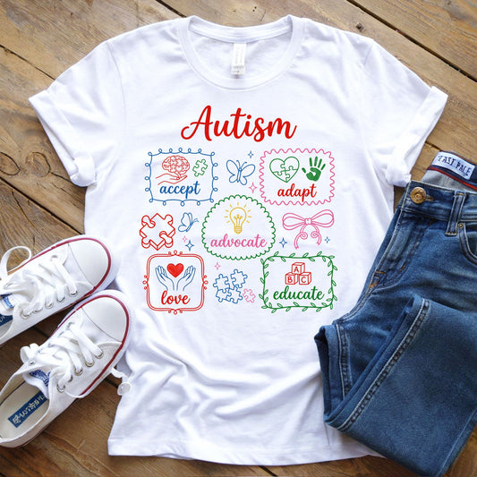 autism awareness coquette dtf transfer accept adapt advocate love educate design colorful shirt
