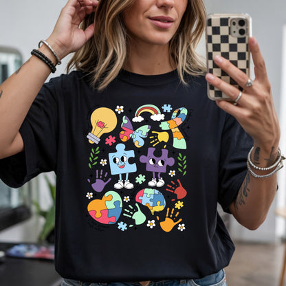 autism collage dtf transfer colorful puzzle pieces smiley characters rainbow handprints autism awareness design for tee or hoodie