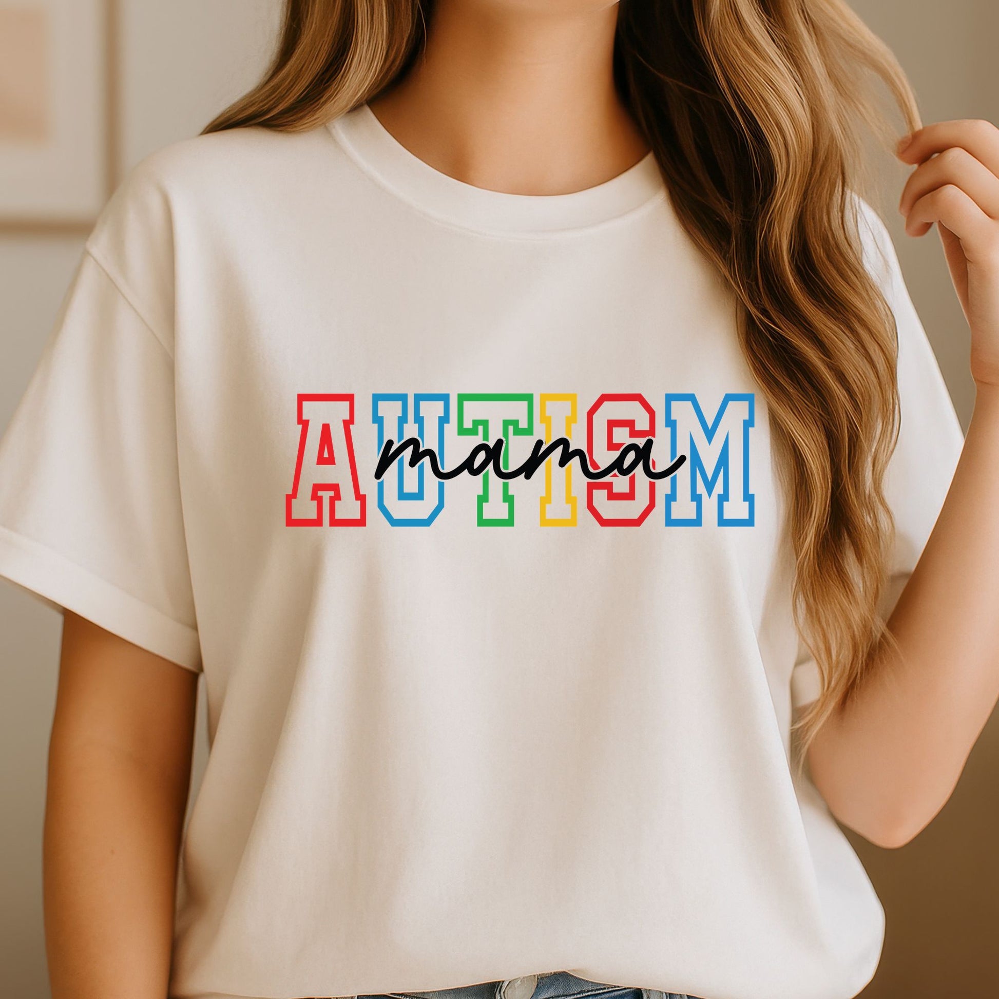 autism mama dtf transfer rainbow block letters colorful autism awareness design for tee or hoodie