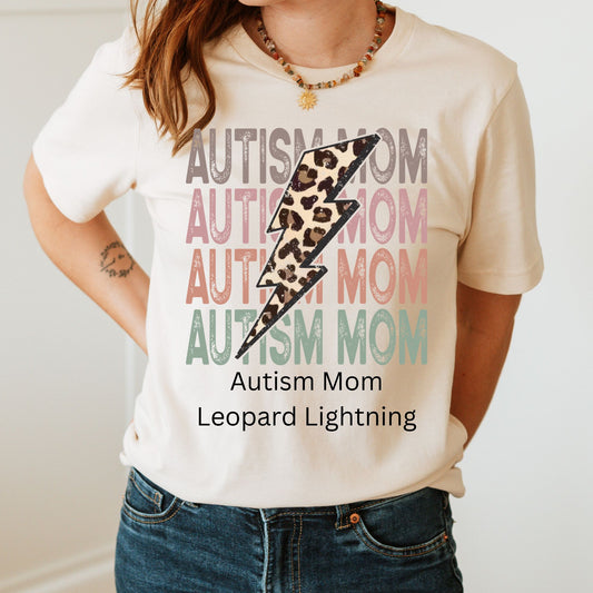 autism mom leopard lightning dtf transfer bold lightning bolt leopard print autism awareness design for tee or hoodie