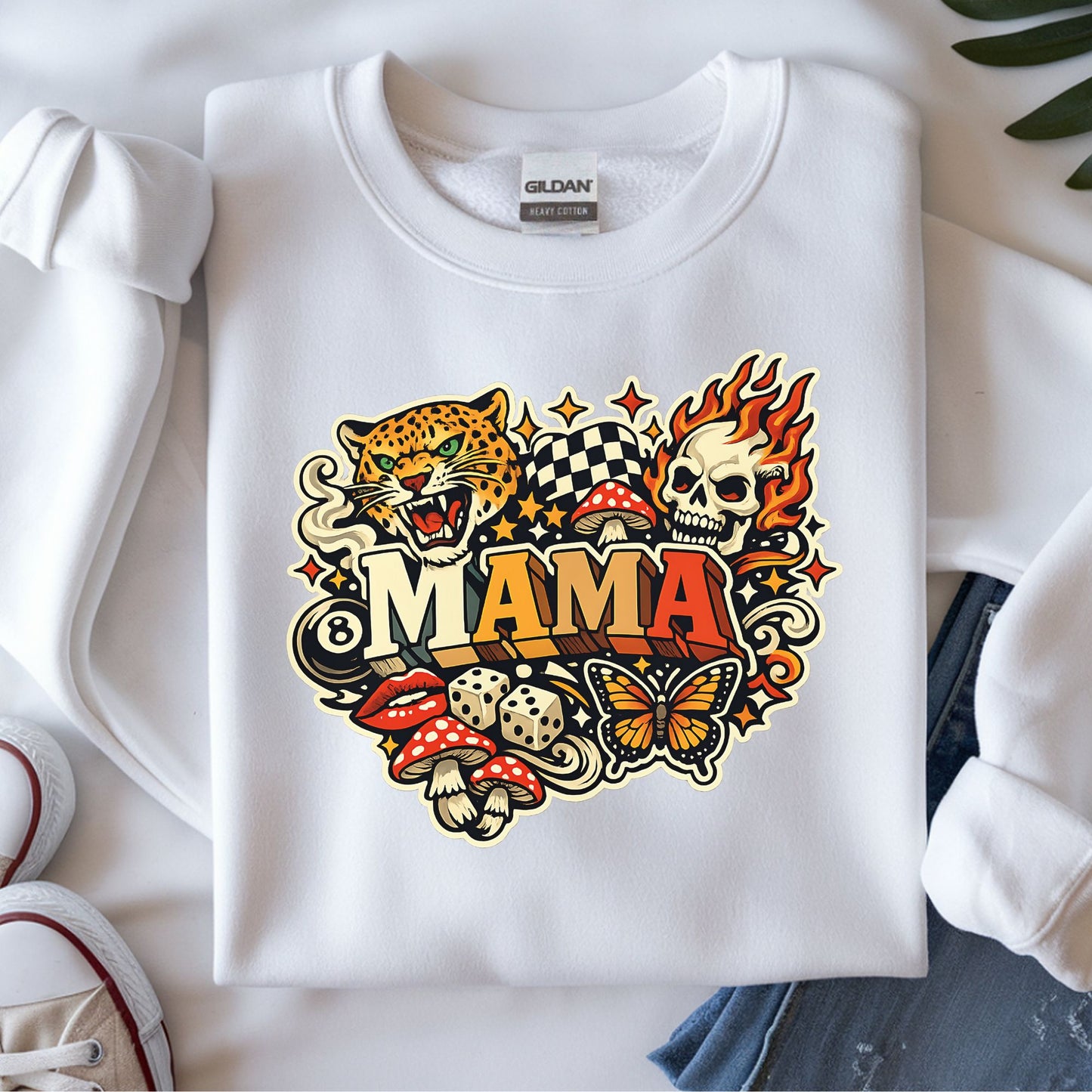 Edgy badass mama DTF transfer with cheetah, flaming skull, butterfly, dice, and tattoo-inspired graphics
