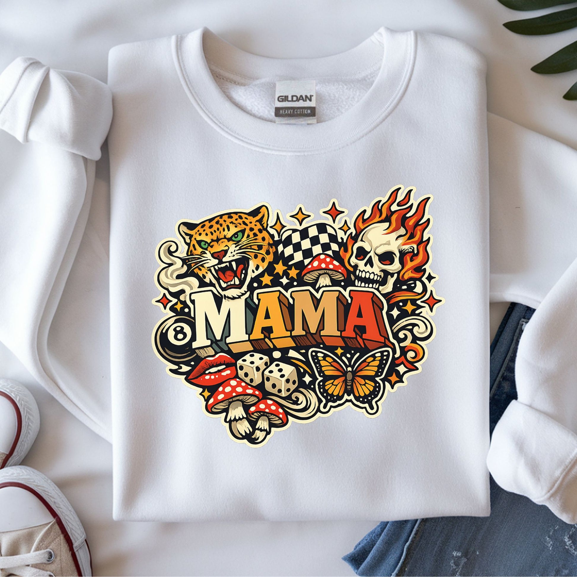 Edgy badass mama DTF transfer with cheetah, flaming skull, butterfly, dice, and tattoo-inspired graphics