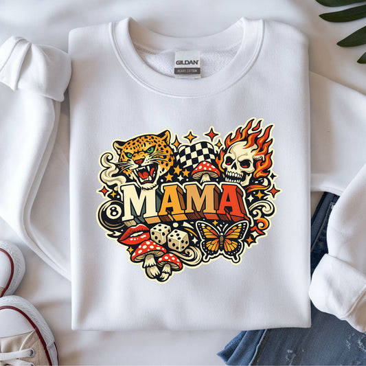 Edgy badass mama DTF transfer with cheetah, flaming skull, butterfly, dice, and tattoo-inspired graphics