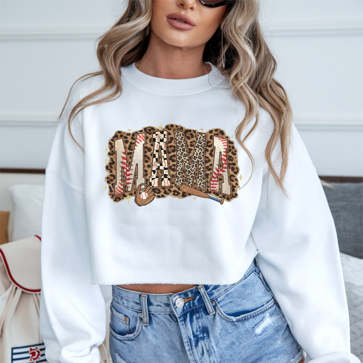Baseball leopard cheetah mama graphic design with animal print letters and baseball stitching accents
