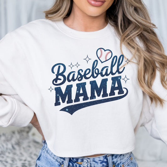 Blue glitter baseball mama DTF transfer with baseball heart design and sparkly sporty lettering