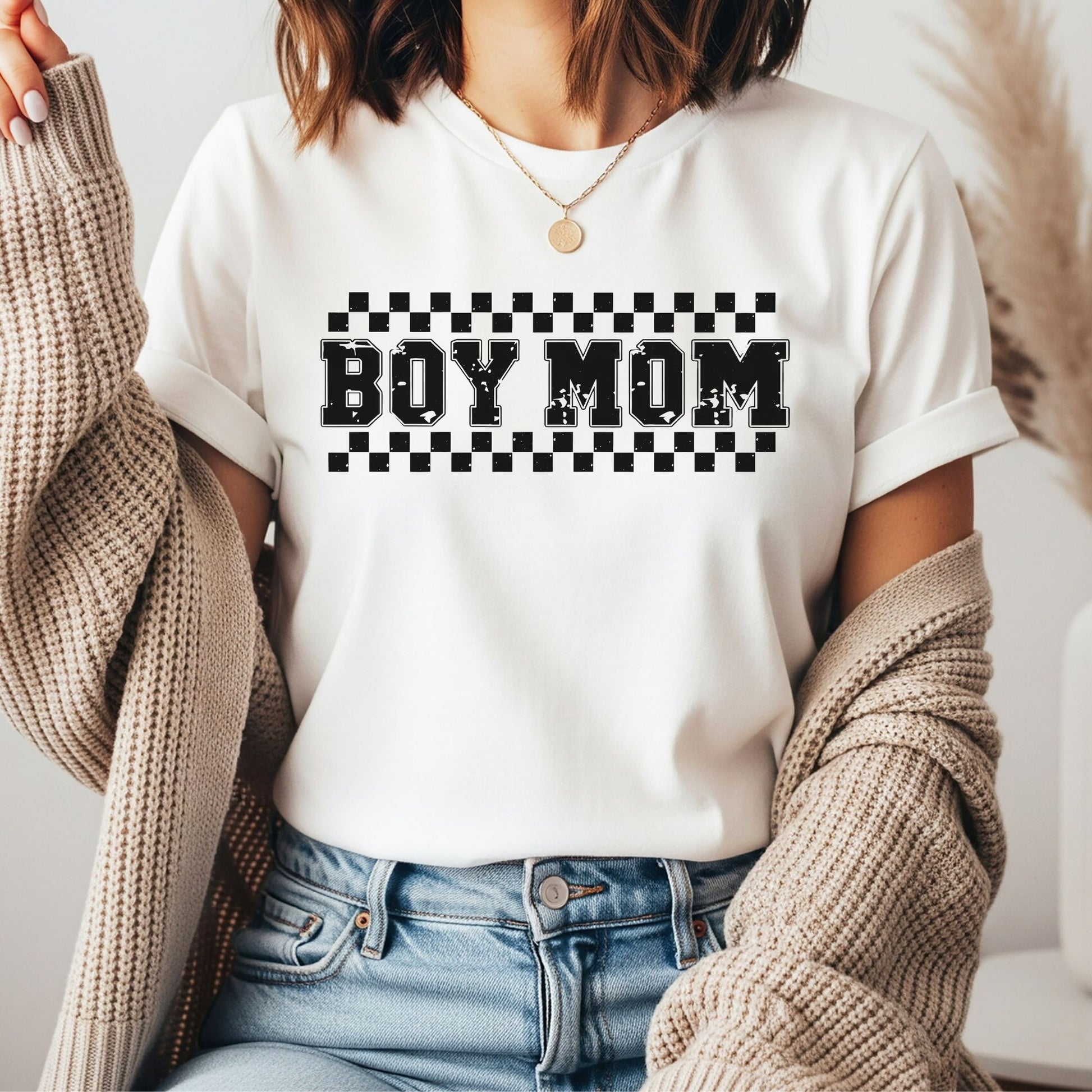 Boy Mom block letter checkered DTF transfer black and white trendy design for t-shirt or hoodie
