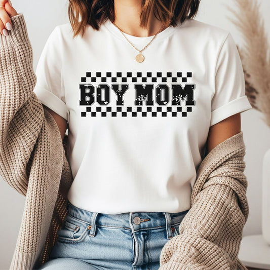 Boy Mom block letter checkered DTF transfer black and white trendy design for t-shirt or hoodie
