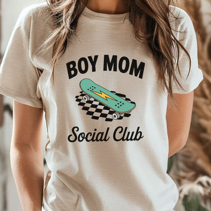 Boy Mom skateboard social club DTF transfer with lightning bolt and checkered pattern trendy mom shirt design
