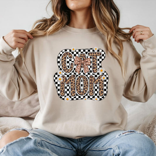 Cat mom checkered leopard daisy graphic design on sweatshirt mockup ready to press DTF transfer