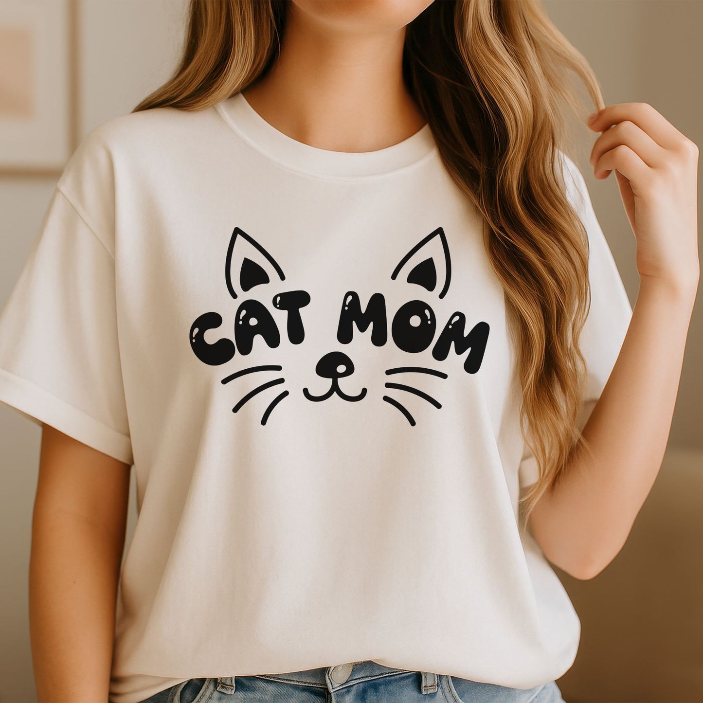 Cute cat mom DTF transfer with black cat face graphic, whiskers, and playful minimalist lettering