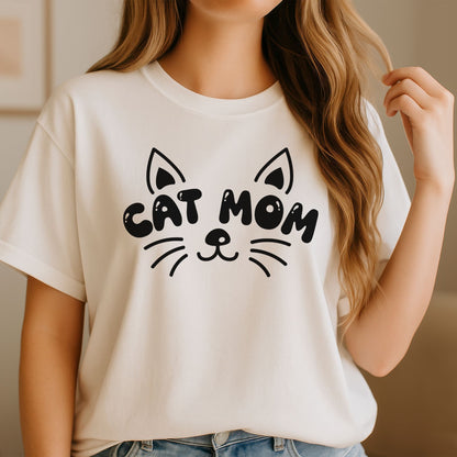 Cute cat mom DTF transfer with black cat face graphic, whiskers, and playful minimalist lettering