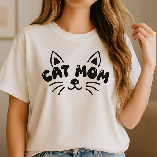 Cute cat mom DTF transfer with black cat face graphic, whiskers, and playful minimalist lettering