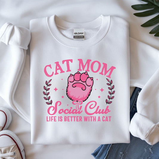 cat mom social club dtf transfer pink paw design cute cat lover graphic life is better with a cat for tee or hoodie