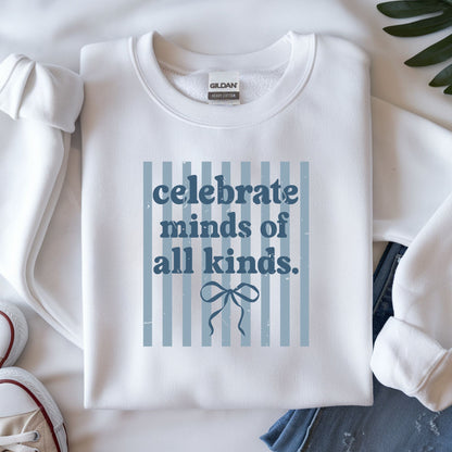 celebrate minds of all kinds dtf transfer blue stripe bow autism awareness minimal design shirt
