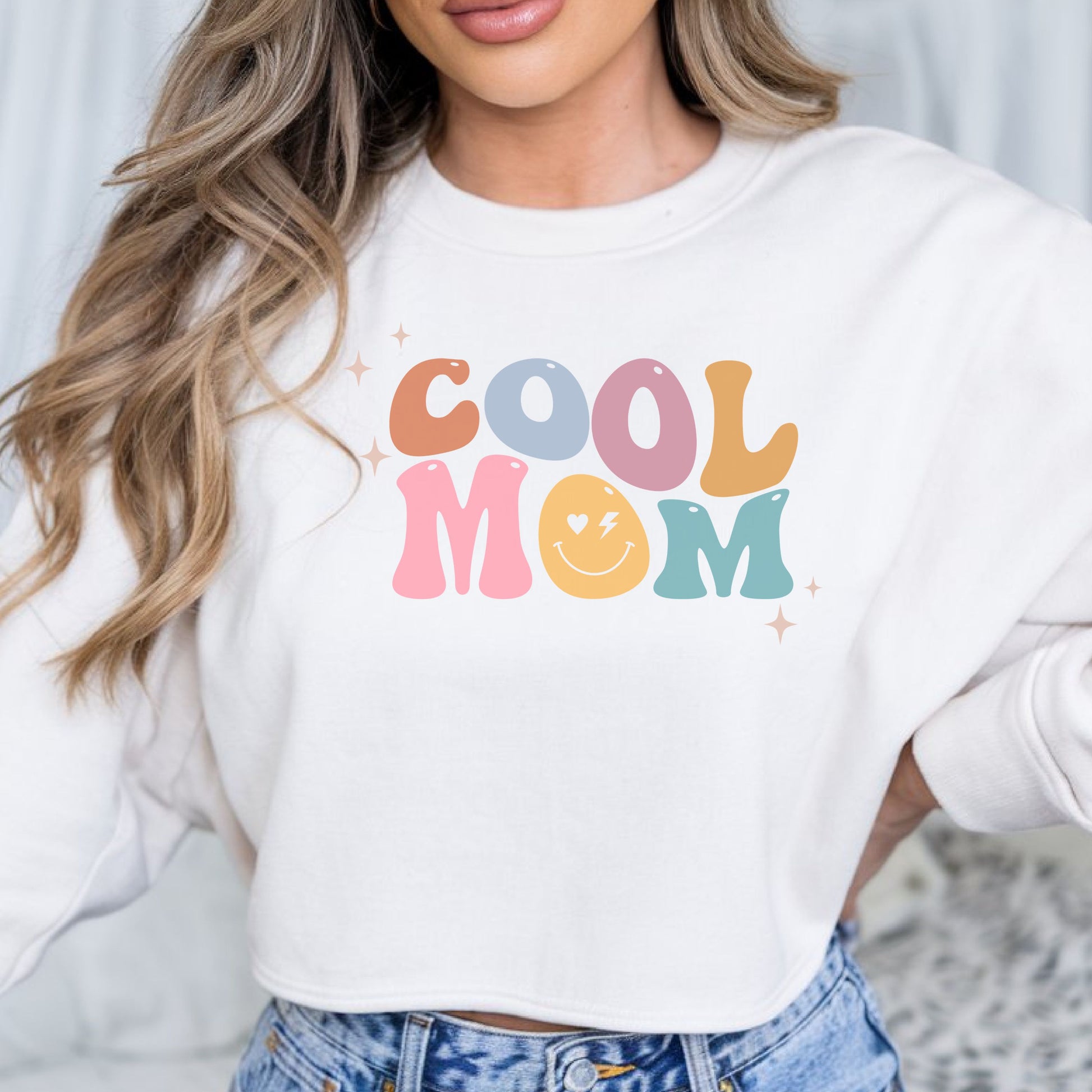 Retro pastel cool mom smiley face DTF transfer design with wavy bubble lettering and boho aesthetic