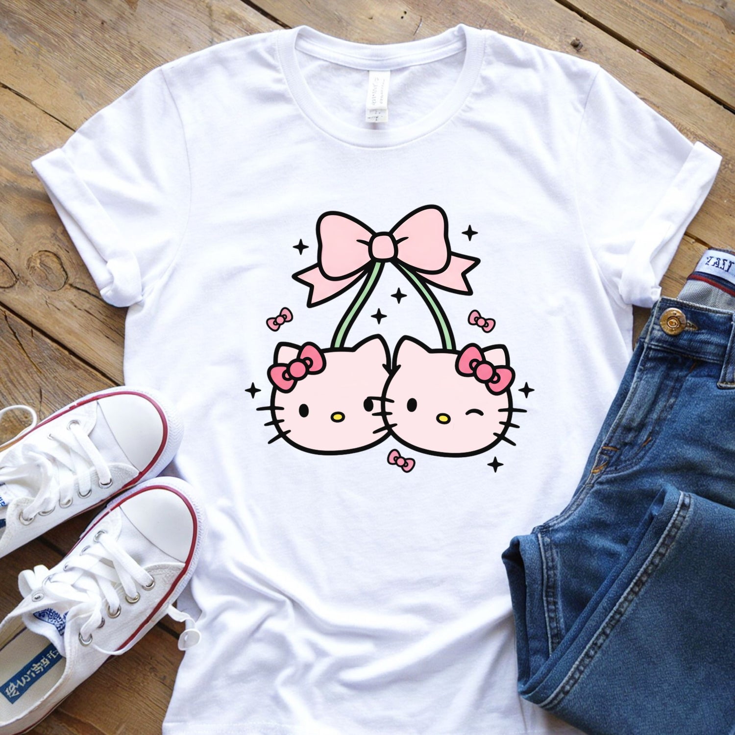 Coquette bow cherry hello kitty inspired graphic design on sweatshirt mockup ready to press DTF transfer