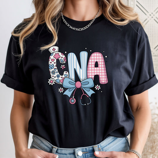 Coquette CNA graphic with pastel pink and blue lettering, bow, flowers, and stethoscope