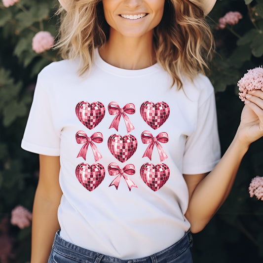 Pink coquette disco hearts and bows graphic design on white t-shirt mockup ready to press DTF transfer