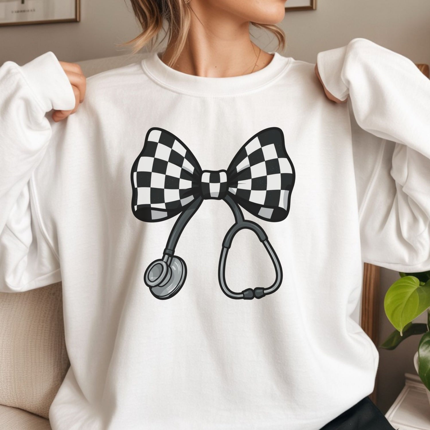 Coquette nurse checkered bow with stethoscope graphic design on sweatshirt mockup ready to press DTF transfer