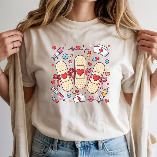 Coquette nurse design featuring heart bandages with bows, nurse caps, syringes, pills, heartbeat line, and medical icons in pink and red colors