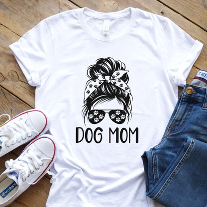Dog mom graphic with messy bun sunglasses and paw print bandana design on white t-shirt mockup ready to press DTF transfer