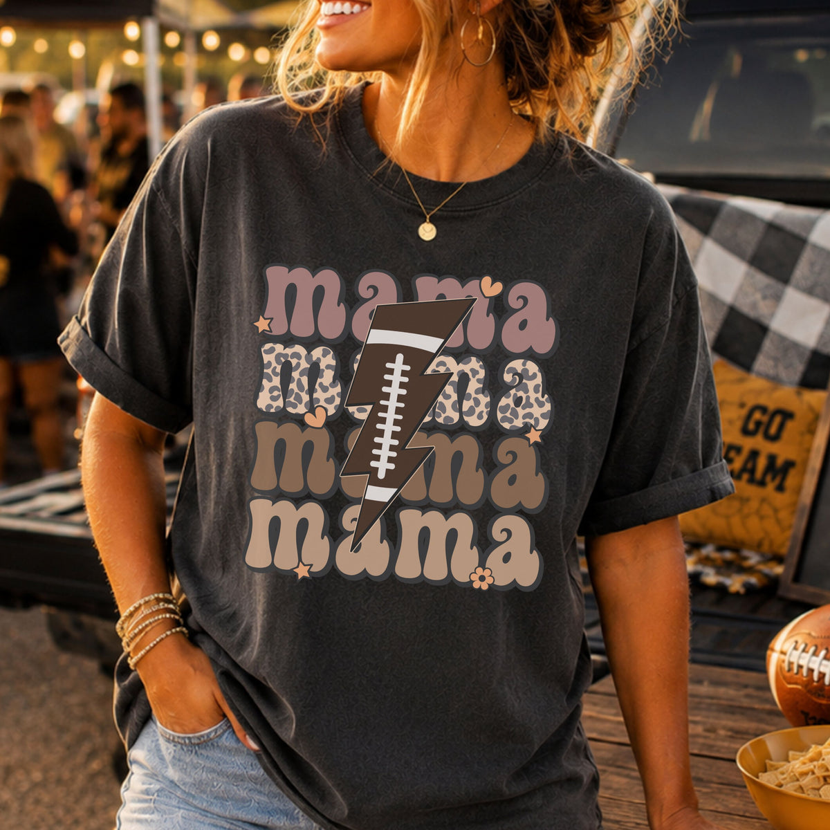 Football Mama DTF transfer featuring stacked mama text in neutral tones, leopard print lettering, and a brown football lightning bolt for game day shirts.