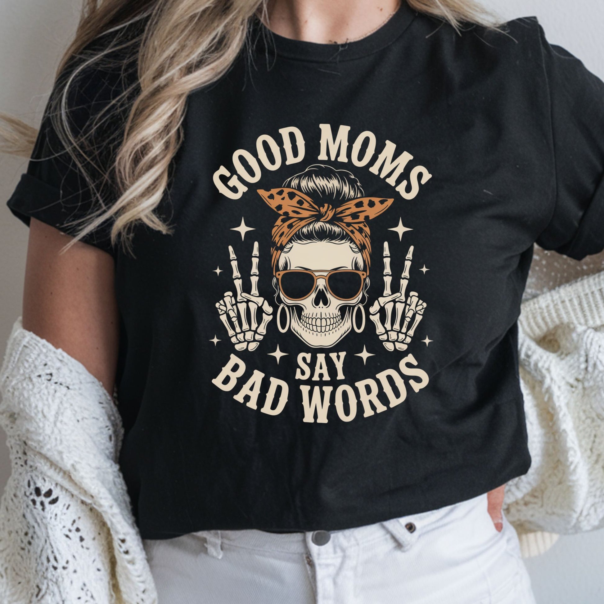 Good moms say bad words DTF transfer with skeleton peace signs, leopard bandana, and edgy retro mom style