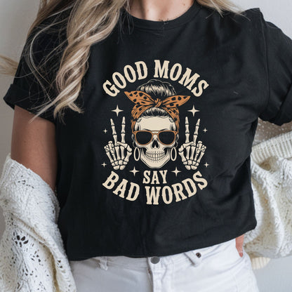Good moms say bad words DTF transfer with skeleton peace signs, leopard bandana, and edgy retro mom style