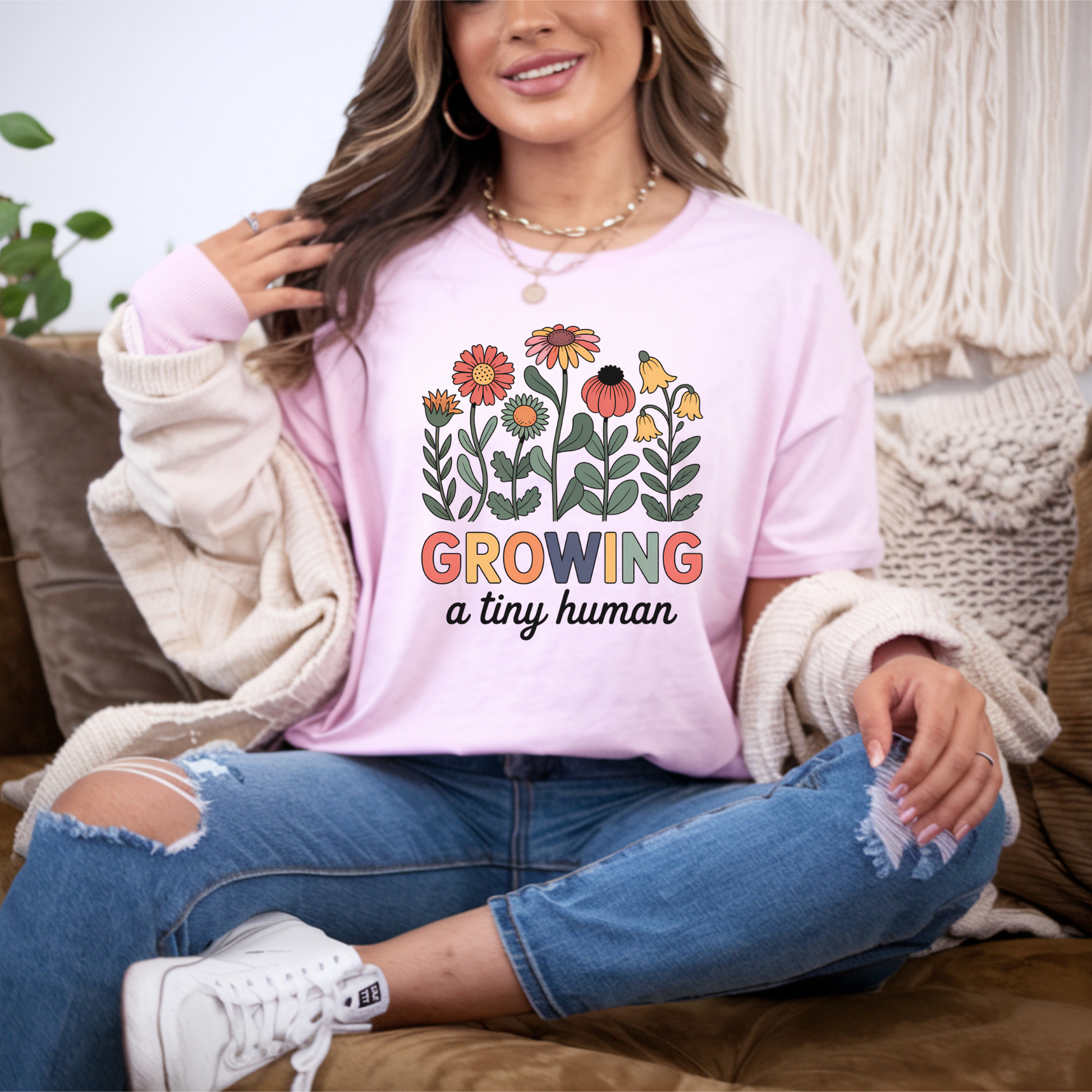 Growing a tiny human floral pregnancy graphic design on pink t-shirt mockup ready to press DTF transfer