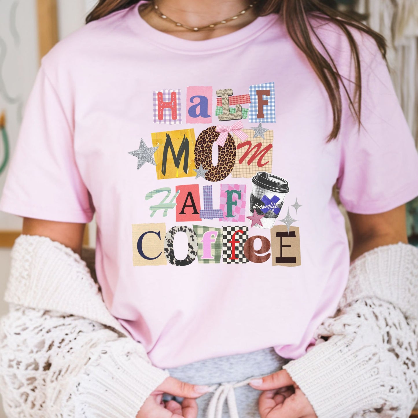 Half mom half coffee collage DTF transfer with mixed pattern lettering, coffee cup, stars, and trendy mom aesthetic